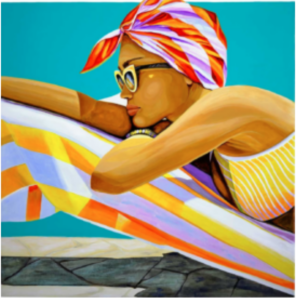 A woman laying on a pool chair with a colorful towel and head scarf, looking out in the distance.